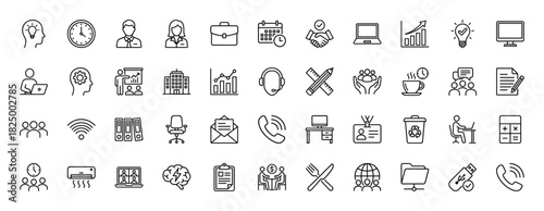 Business and office line icon set. vector pictograms of briefcase, handshake, calendar, presentation, and meeting, thin linear illustration.