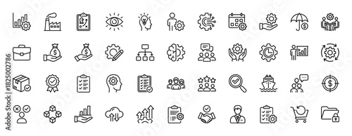Business management and corporate strategy line icon set. Vector pictograms of settings, analysis, finance, logistics, and planning, thin linear illustration.