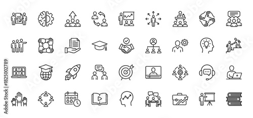 Corporate business and education line icon set. Vector pictograms of teamwork, training, idea, calendar, and goal, thin linear illustration.