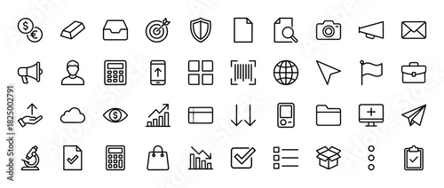 Business and finance line icon set. Vector pictograms of target, briefcase, calculator, chart, money, shield, mail, camera, cloud, document, thin linear illustration.