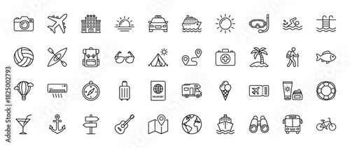 Travel and tourism line icon set. Vector pictograms of airplane, hotel, suitcase, cruise, and sun, thin linear illustration.