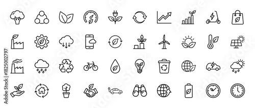 Ecology and sustainability line icon set. Vector pictograms of solar panel, wind turbine, recycle bin, electric car, green energy, plant, leaf, thin linear illustration.