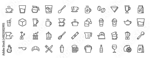 Beverage and kitchen line icon set. Vector pictograms of coffee cups, tea bags, wine glasses, and blenders, thin linear illustration.
