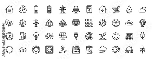 Green energy and sustainability line icon set. Vector pictograms of wind turbines, solar panels, and recycling symbols, thin linear illustration.