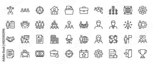 Human resources line icon set. Vector pictograms of hiring, teamwork, meeting, career, and job search, thin linear illustration.