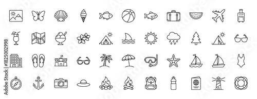 Travel and summer vacation line icon set. Vector pictograms of suitcase, airplane, beach umbrella, and camera, thin linear illustration.