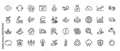 Ecology and environmental protection line icon set. Vector pictograms of wind power, recycling, footprint, and growth charts, thin linear illustration.