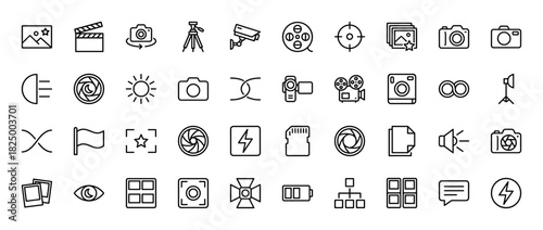 Photography and videography line icon set. Vector pictograms of camera, lens, flash, and tripod, thin linear illustration.