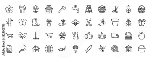 Gardening line icon set. Vector pictograms of gloves, trowel, wheelbarrow, butterfly, pumpkin, and plants, thin linear illustration.