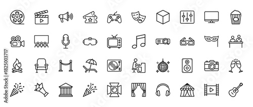 Entertainment line icon set. Vector pictograms of megaphone, clapboard, cinema, disco, music, and performance, thin linear illustration.