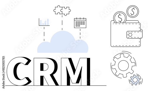 Cloud with puzzle, calendar, bar chart, wallet with coins, and gear. CRM text highlights business tools. Ideal for teamwork, data management finance process automation workflow analytics. Simple