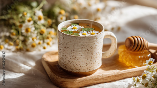 Chamomile tea with honey in a cozy morning scene