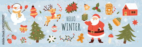 Festive winter banner with Santa, snowman, reindeer, Christmas trees, ornaments, gifts, holly and seasonal elements on a soft blue background. Cute holiday illustration.