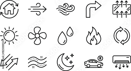 Airflow ventilation HVAC symbols set showing heating cooling circulation humidity fire wind arrows home temperature control line icons vector