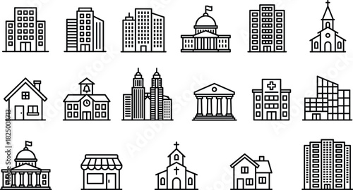 Modern building and architecture line icon set featuring houses, offices, schools, churches, hospitals, and urban city structures for design projects