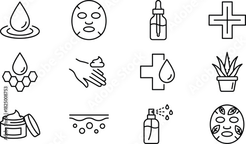 Skincare beauty line icons with moisturizing drops, facial mask, serum bottle, aloe plant, cosmetic cream and wellness treatment symbols, outline style