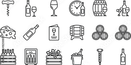 Wine drink icon set, bottle and glass symbols, winery barrel line art, cheese and corkscrew collection, beverage illustration packWine drink icon set, bottle and glass symbols