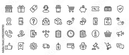 E-commerce and shopping line icon set. Vector pictograms of store, cart, delivery, credit card, and shipping, thin linear illustration.