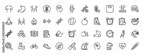 Health and wellness line icon set. Vector pictograms of diet, fitness, weight, body, sleep, and medical elements, thin linear illustration.
