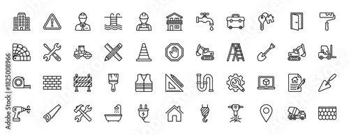 Construction and engineering line icon set. Vector pictograms of tools, equipment, house, building, and worker, thin linear illustration.