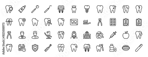 Dental care line icon set. vector pictograms of tooth, syringe, dentist, hospital, and tools, thin linear illustration.
