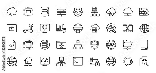 Technology and network line icon set. vector pictograms of servers, cloud computing, security, and global connections, thin linear illustration.