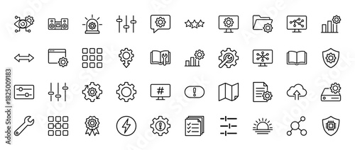 Technology and settings line icon set. vector pictograms of gear, monitor, security, folder, and controls, thin linear illustration.