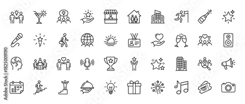 Celebration and event planning line icon set. Vector pictograms of trophies, calendars, gifts, and cameras, thin linear illustration.