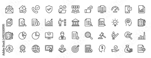 Customer service and quality assurance line icon set. Vector pictograms of review, check, rating, and compliance, thin linear illustration.