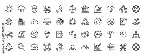 Ecology and sustainability line icon set. Vector pictograms of wind turbine, solar panel, water drop, and recycling, thin linear illustration.