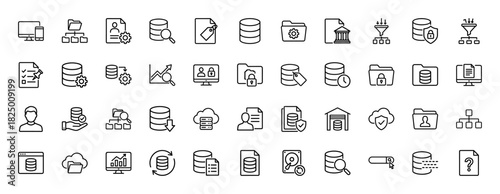 Data management and organization line icon set. Vector pictograms of database, folder, monitor, server, and analytics, thin linear illustration.