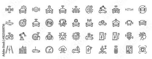 Autonomous vehicle technology line icon set. Vector pictograms of self-driving cars, steering wheel, charging station, and robotic arm, thin linear illustration.