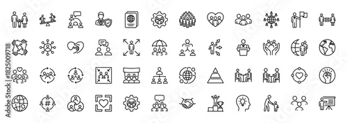 Social responsibility and human relations line icon set. Vector pictograms of teamwork, partnership, diversity, and global connection, thin linear illustration.