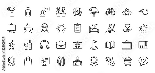 Travel and leisure activities line icon set. Vector pictograms of binoculars, luggage, cocktail, camera, and golf, thin linear illustration.