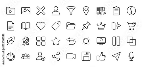 Business and user interface line icon set. vector pictograms of mail, folder, shopping cart, diploma, and media controls, thin outline illustration.