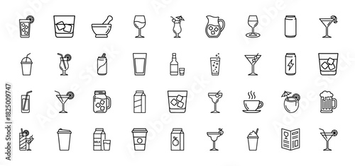 Beverage and drink icon set. Vector pictograms of cocktails, glasses, cans, and milk cartons, thin linear illustration.