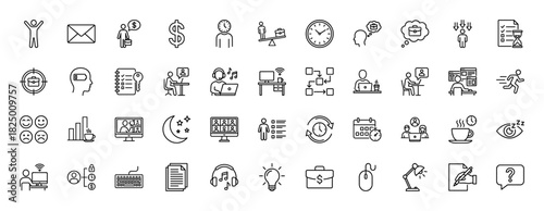 Business and productivity line icon set. Vector pictograms of clock, briefcase, laptop, target, calendar, flowchart, money, meeting, resume, thin linear illustration.