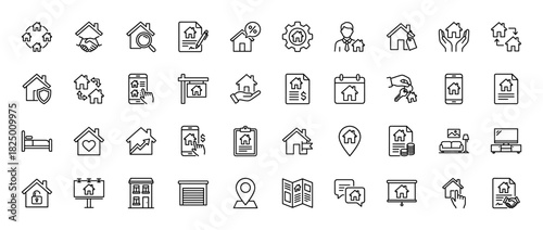 Real estate line icon set. Vector pictograms of house, realtor, contract, key, and money, thin linear illustration.