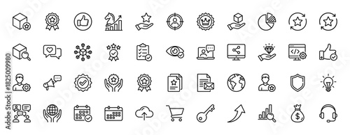 Business and marketing line icon set. vector pictograms of diamond, calendar, chart, star, and delivery box, thin linear illustration.