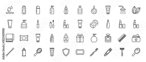 Beauty and cosmetics line icon set. Vector pictograms of shampoo, lipstick, cream, perfume, mirror, brush, soap, razor, towel, thin linear illustration.