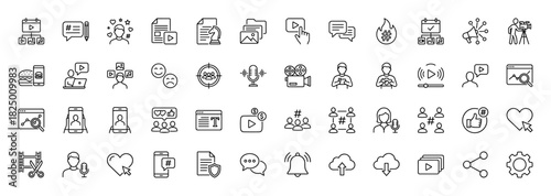 Social media and content creation line icon set. vector pictograms of blogger, streaming, video, communication, marketing, and sharing, thin linear illustration.