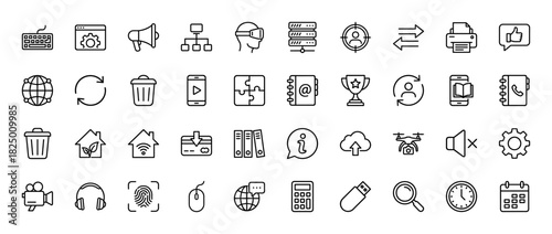 Technology and communication line icon set. Vector pictograms of vr headset, calculator, camera, and gear, thin linear illustration.