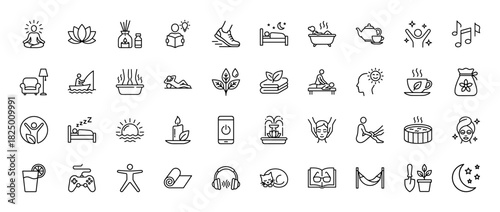 Relaxation and wellness line icon set. Vector pictograms of yoga, massage, hot tub, and meditation, thin linear illustration.