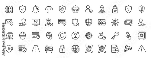 Security and protection line icon set. Vector pictograms of shield, lock, key, and safe, thin linear illustration.