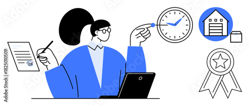 Businesswoman working with laptop, reviewing documents, prioritizing time, logistics, goals, and quality standards. Ideal for productivity, organization, time management business planning