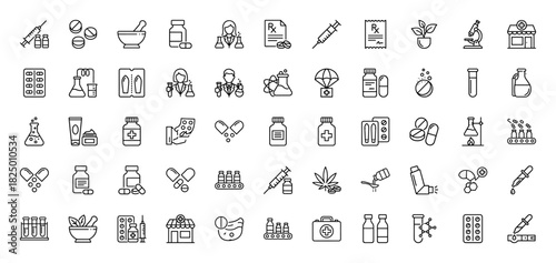 Medical and pharmaceutical line icon set. Vector pictograms of syringe, pharmacy, pills, capsule, and chemist, thin linear illustration.