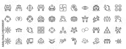 Business teamwork line icon set. Vector pictograms of collaboration, handshake, meeting, partnership, leadership, communication and success, thin linear illustration.