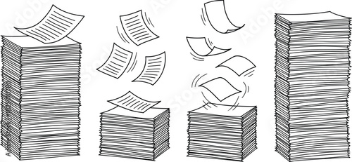 Conceptual Line Art Representing Workload and Efficiency in Office Processes with Stacks of Paper and Flying Documents in a Business Context