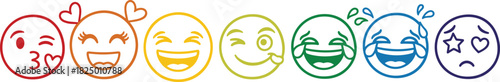 Set of cheerful emoji faces expressing a range of positive emotions in a vibrant rainbow color gradient