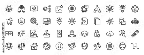 Technology and artificial intelligence line icon set. Vector pictograms of robotics, data, security, and smart systems, thin linear illustration.